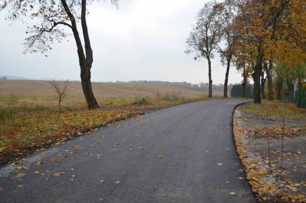 Nowa nawierzchnia bitumiczna na drodze Lalkowy - Smętówko. W tle pola uprawne