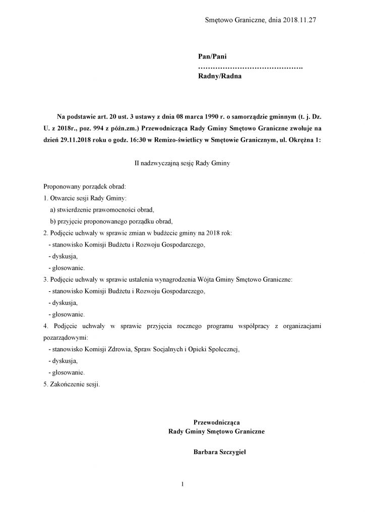 Rada Gminy Smętowo Graniczne zaprasza na II nadzwyczajną sesję w dniu 29 listopada 2018 na godzinę 16:30 do Remizo-świetlicy w Smętowie Granicznym, ul. Okrężna 1