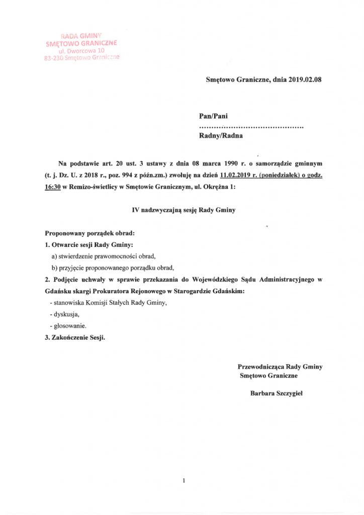 Rada Gminy Smętowo Graniczne zaprasza na IV nadzwyczajną sesję w dniu 11 lutego 2019 na godzinę 16:30 do Remizo-świetlicy w Smętowie Granicznym, ul. Okrężna 1