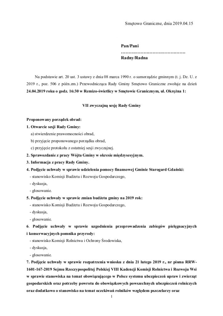 Rada Gminy Smętowo Graniczne zaprasza na VII zwyczajną sesję w dniu 24 kwietnia 2019 na godzinę 16:30 do Remizo-świetlicy w Smętowie Granicznym, ul. Okrężna 1